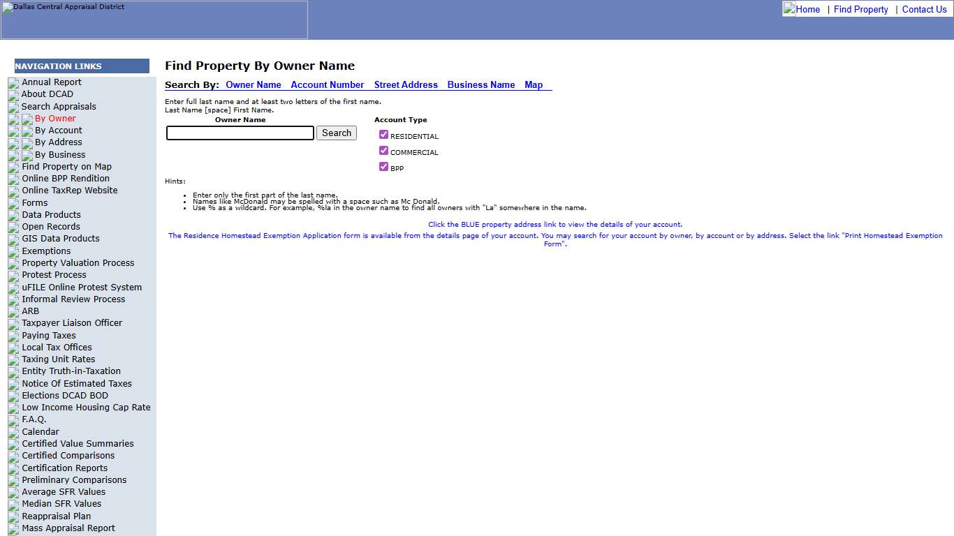 DCAD: Find Property By Owner Name